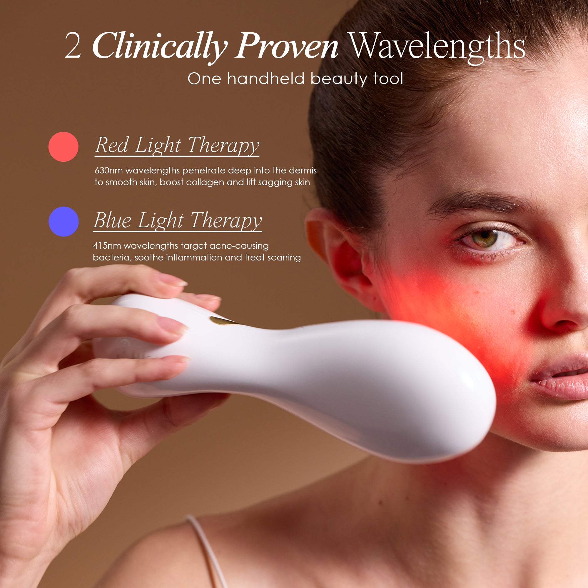 LumaGlow LED light therapy wand showing red and blue light therapy functions