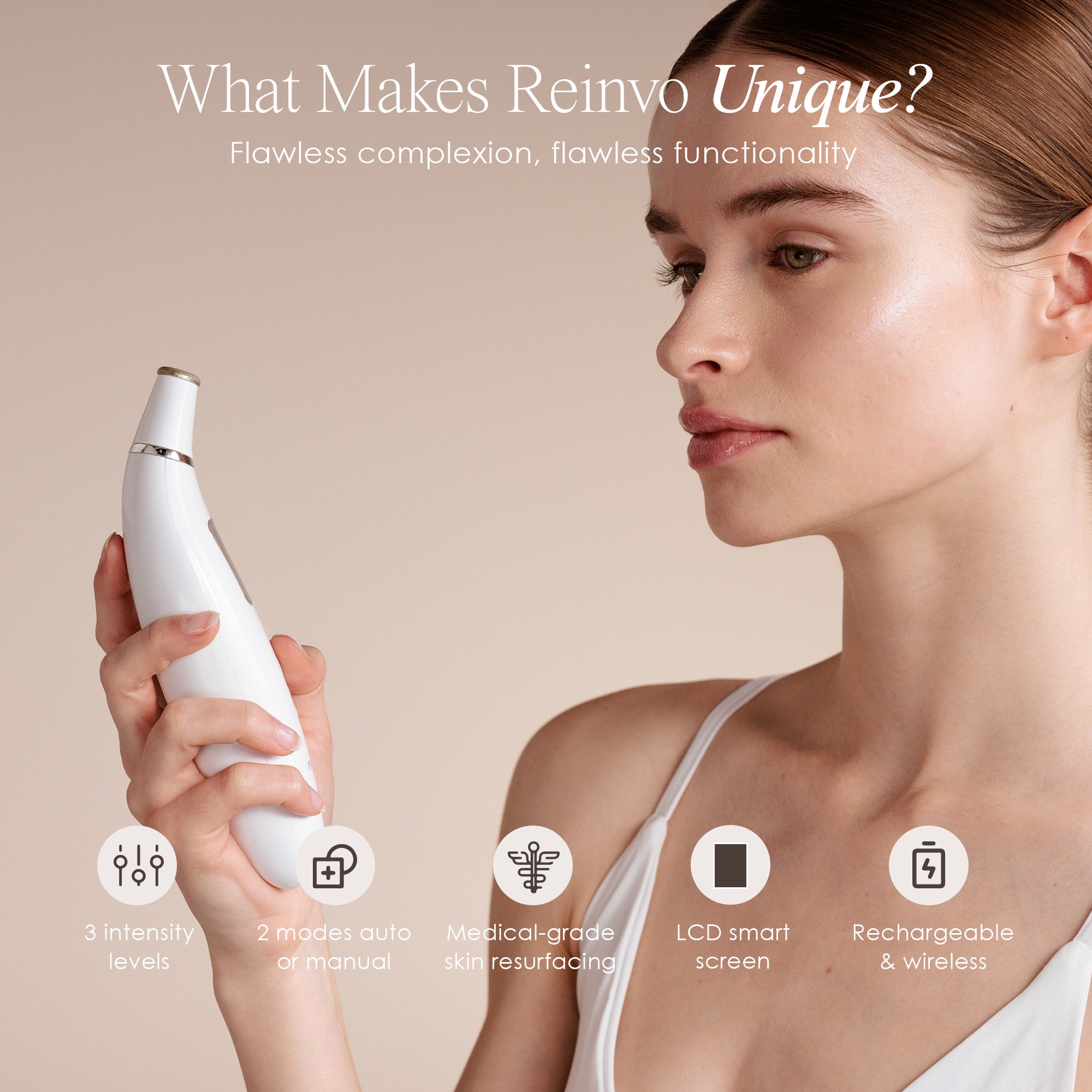 Reinvo microdermabrasion wand showing features such as LCD smart screen