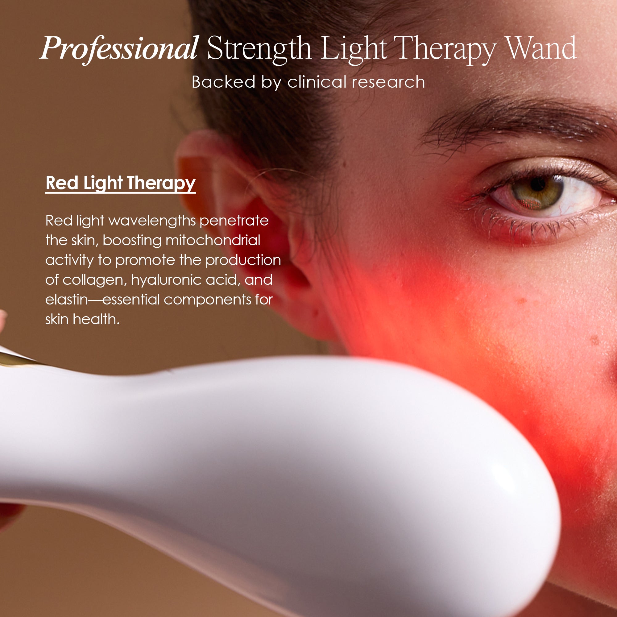 LumaGlow Red anti-aging wand describing how red LED light wavelengths work on the skin layers